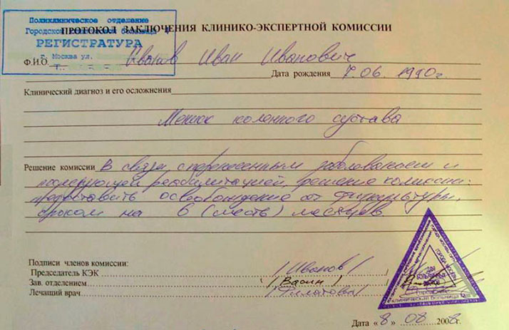 оформить освобождение от физкультуры